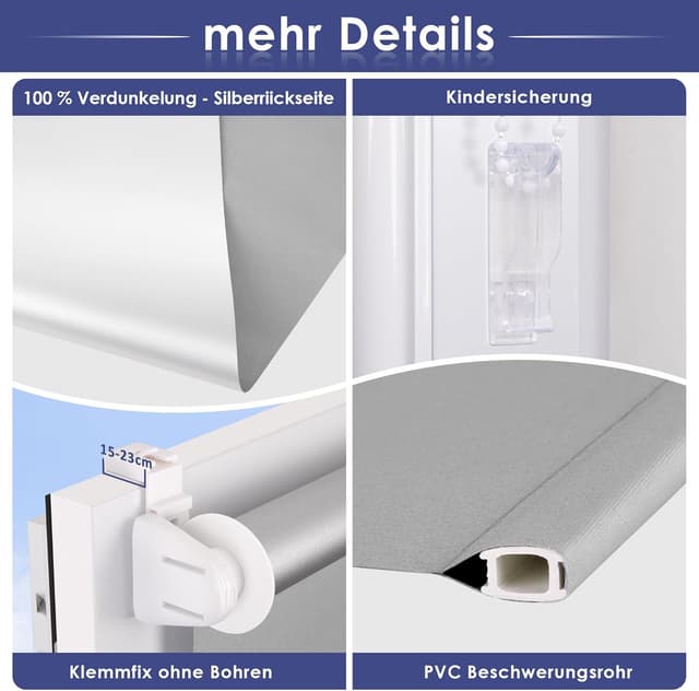 Detalle de smartdemo Verdunklungsrollo B40 x H130 cm – Thermorollo mit 100% Polyester, ohne Bohren & mit Bohren (Klemmrollo, grau)