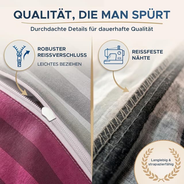 Detalle de MALIKA Bettwäsche 135x200 aus Baumwolle, 2-teiliges Set (Weinrot, Streifen) mit Wendebezug