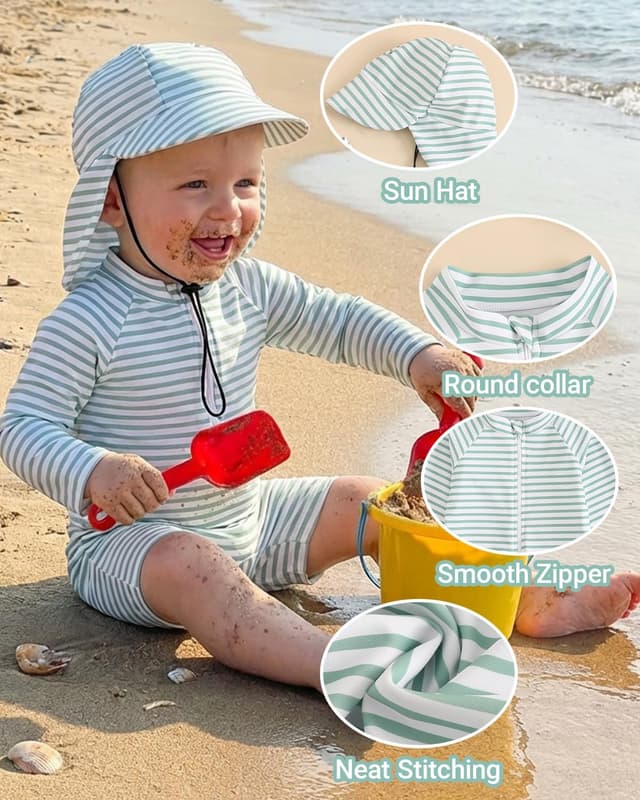 Detalle de UV Kleidung Baby Badeanzug mit Hut (Gr. 62–98) – Langarm UV-Schutzkleidung für Schwimmen