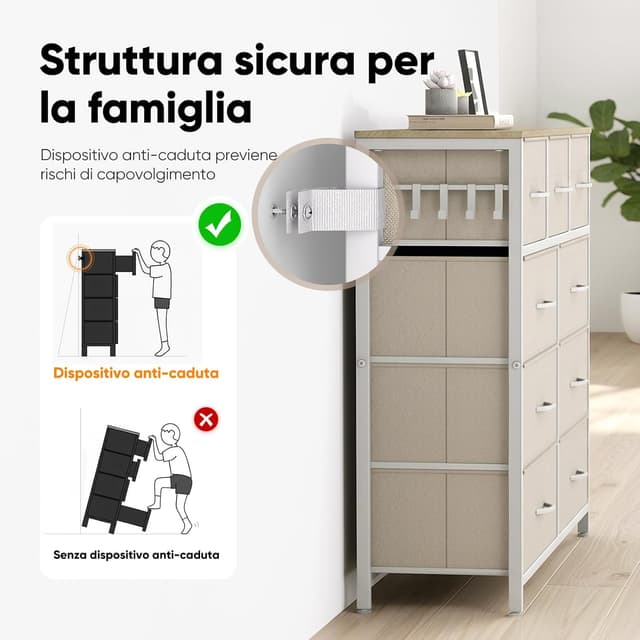 Detalle de HOKEEPER Cassettiera in tessuto con 9 cassetti, mobile salvaspazio 100x30x100 cm (beige)