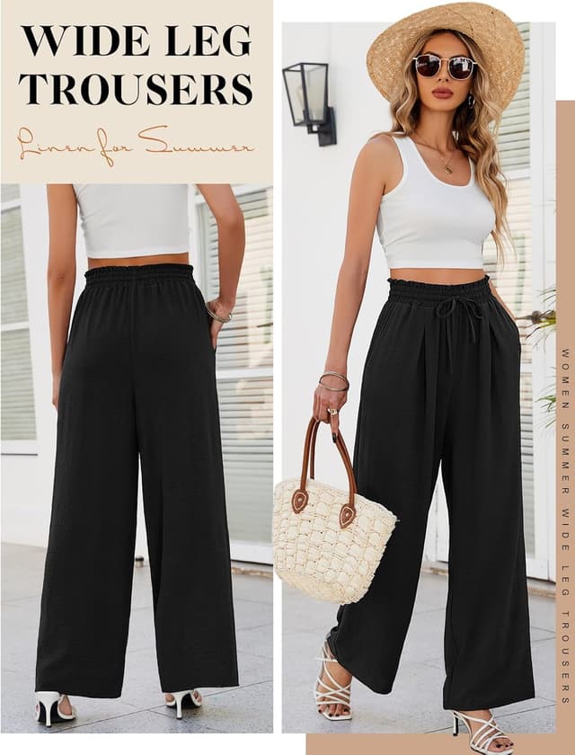 Detalle de Pantalon femme CMTOP fluide à jambes larges, taille haute élastique avec cordon de serrage et poches