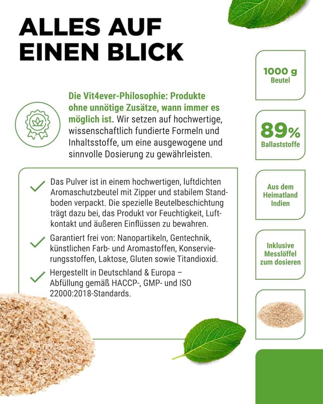 Detalle de vit4ever Flohsamenschalen 99% Reinheit (1.000 g) – vegane Psyllium-Husks ohne Zusätze