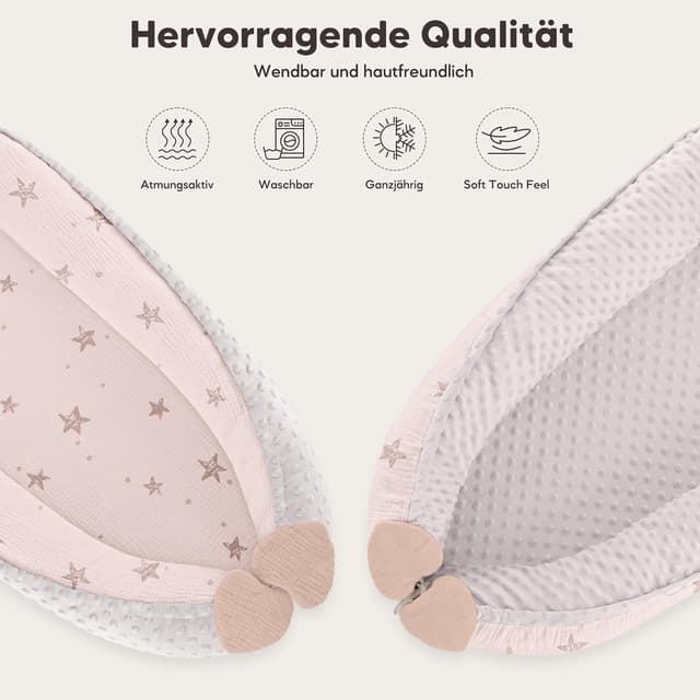 Detalle 2 de Bearmoss Babynestchen Kuschelnest für Neugeborene, tragbar & zweiseitig, 90 x 55 cm (Rosa Stern)