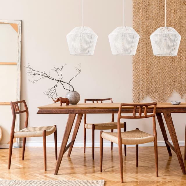 Detalle de Suspension pour table à manger en osier et papier Paco Home (E27, blanc, Ø33 cm)