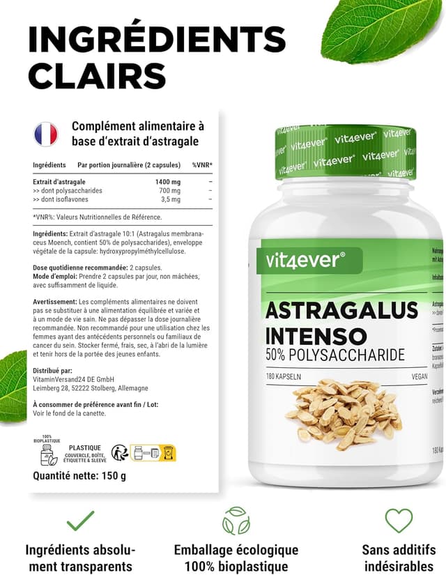 Detalle de Vit4ever Astragalus (1400 mg/jour) – 180 capsules véganes