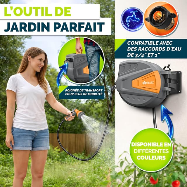 Detalle 2 de Tillvex enrouleur de tuyau mural 20+2 m avec pistolet 9 jets, pivotant à 180° (anthracite/orange)