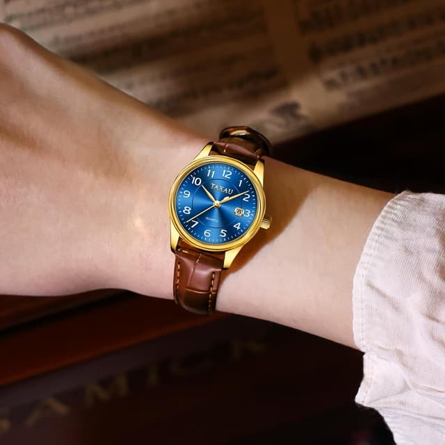 Detalle de Taxau Damenuhr mit Lederarmband, analoges Quarzwerk und Datumsanzeige (28 mm, 3 bar) – elegantes Design zum Kombinieren