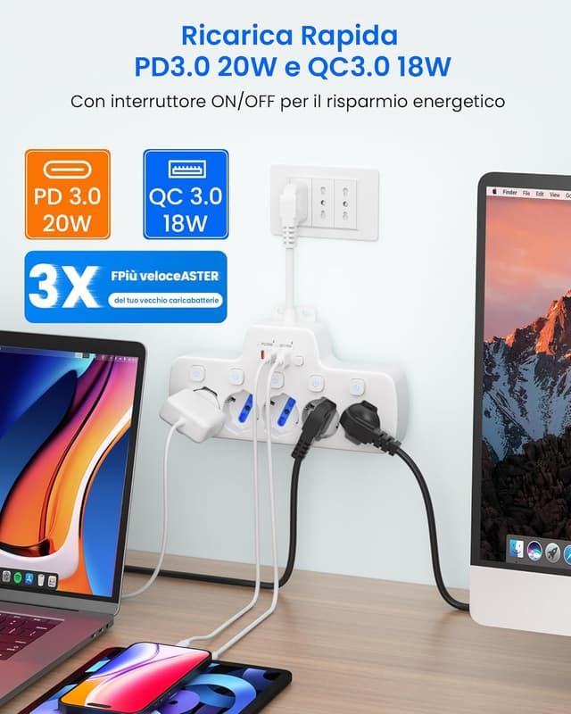 Detalle 2 de Multipresa elettrica ciabatta con USB C 5 posti