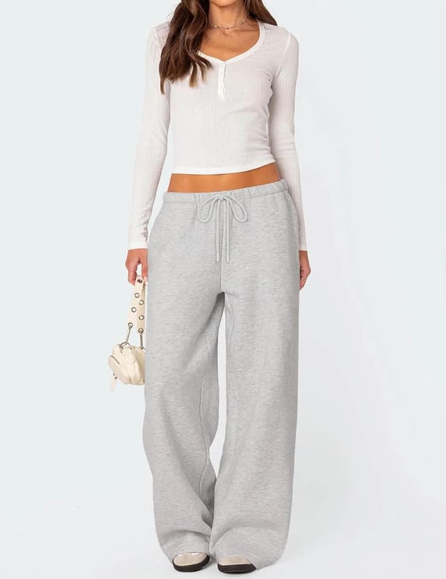 Detalle de HeSaYep Women’s Fleece-Lined Sweatpants with Pockets (Wide-Leg, High-Rise Winter Warm)