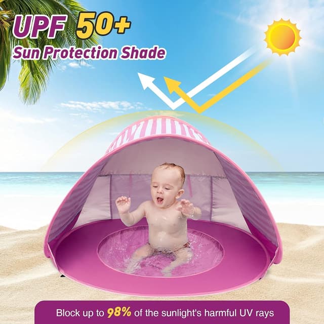 Detalle 2 de Pop Up Baby Beach Tent with Automatic Sun Shade & Mini Pool (Pink)