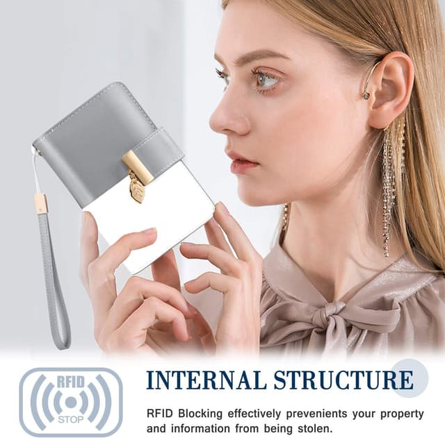 Detalle de Faneam Damen-Geldbörse aus Leder mit RFID-Schutz – kleines Portemonnaie mit 14 Kartenfächern, Reißverschluss und Tragekette