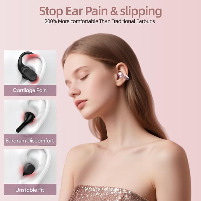 Detalle 2 de Otinsile Open Ear Clip-On Earbuds with Bluetooth 6.0 and LCD Touch Case (Rose Gold)