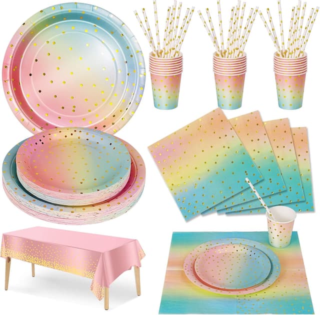 Detalle de Nkaiso 126-Piece Rainbow & Gold Party Tableware Set for 25 Guests