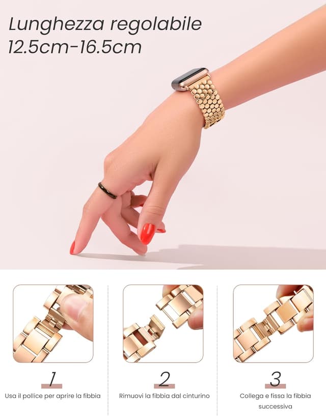 Detalle de Cinturino in metallo a nido d’ape per Apple Watch 38/40/41/42/44/45/46/49 mm – bracciale elegante donna (Ultra, SE e Serie 1-11)