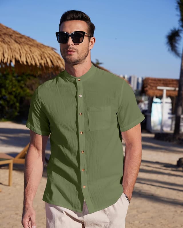 Detalle de YAOBAOLE Chemise en lin et coton pour homme à manches courtes, boutons et col mao