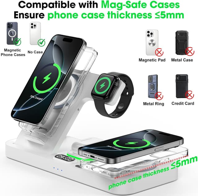Detalle 2 de Dual Phone Wireless Charging Station for Apple Devices (Magnetic Charging) with 7-Color Light & 12-Hour Clock