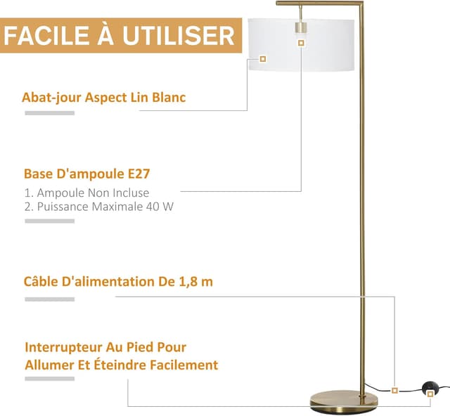 Detalle 2 de HOMCOM lampadaire à pied avec abat-jour en lin or et blanc, 47 x 37 x 153 cm