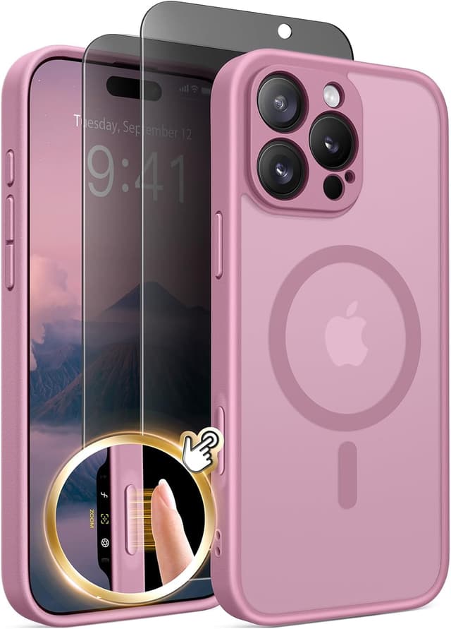 Detalle de GOLBINBOX Magnetic Case for iPhone 16 Pro Max with Privacy Screen Protector (MagSafe compatible) – Blackcurrant