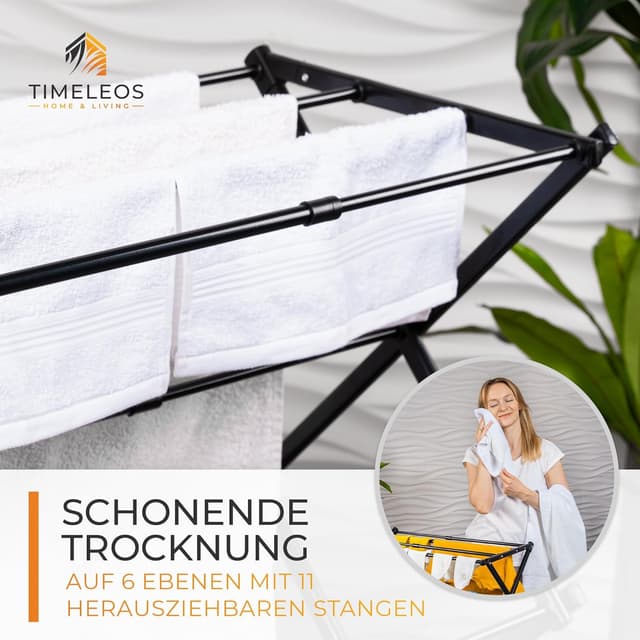 Detalle de TIMELEOS Wäscheständer klein klappbar (6 Ebenen, 11 Stangen) für Badewanne, Balkon, Tür & Dusche