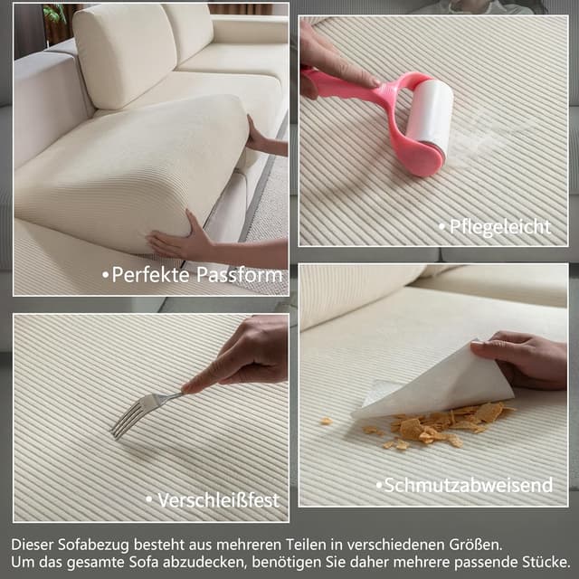 Detalle de OHSIO Stretch Sofa Sitzkissenbezug (Elfenbein) – rutschfester, waschbarer Sofa-Überzug für Chaiselongue