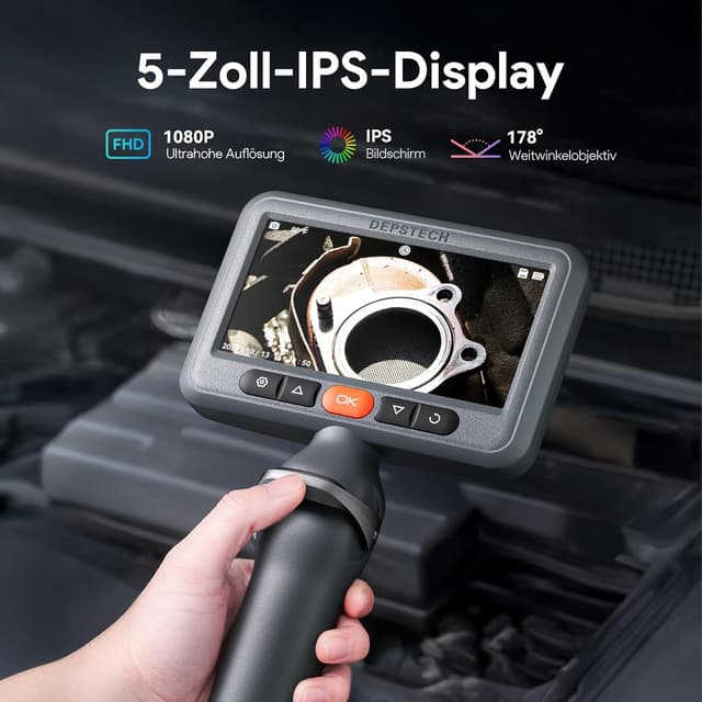 Detalle de DEPSTECH DS660 Dual-Linsen Endoskopkamera mit Licht, 1080P und drehbarem Kopf – 5 Zoll IPS Bildschirm