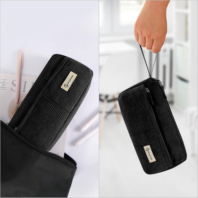 Detalle 2 de FINPAC trousse scolaire en velours côtelé (24 x 7 x 13,5 cm) avec poche zippée et dragonne — noir