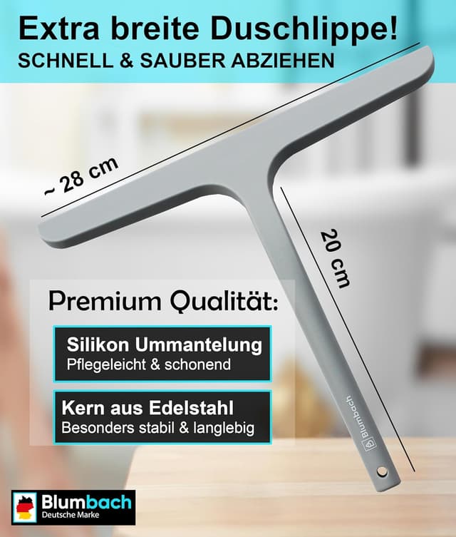 Detalle de BLUMBACH® Duschkabinenabzieher grau – 28 cm Glasabzieher mit Halterung und Silikonlippe