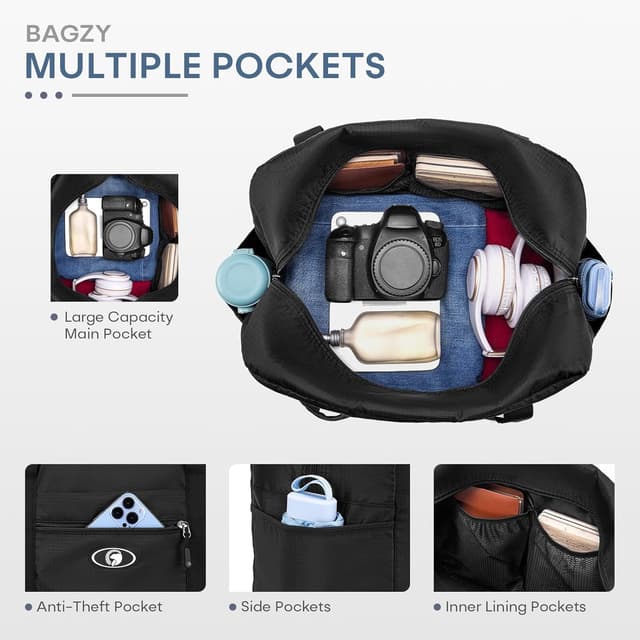 Detalle 2 de BAGZY borsone da viaggio pieghevole 25L 40x30x20 bagaglio a mano Wizzair/Vueling (impermeabile, nero/grigio)