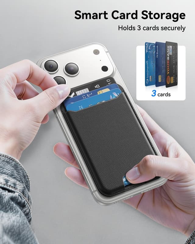 Detalle 1 de TWZKG MagSafe Wallet (3 Card Holder) with RFID blocking – Magnetic phone wallet for iPhone 17/16/15/14/13/12 series, Black