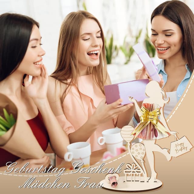Detalle 2 de Geldgeschenke Geburtstag Frau Mädchen – personalisierbares Holzschild „Happy Birthday“ als Geldgeschenk & Gästebuch