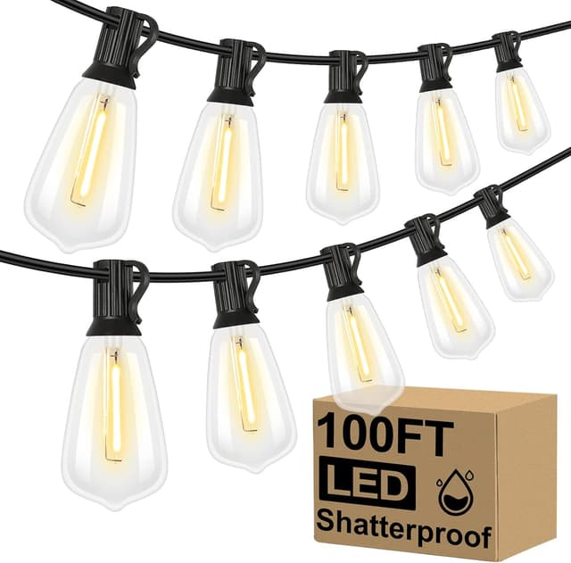 Detalle de Brightever 100FT LED Outdoor String Lights with 52 Shatterproof ST38 Edison Bulbs (2700K, Dimmable)