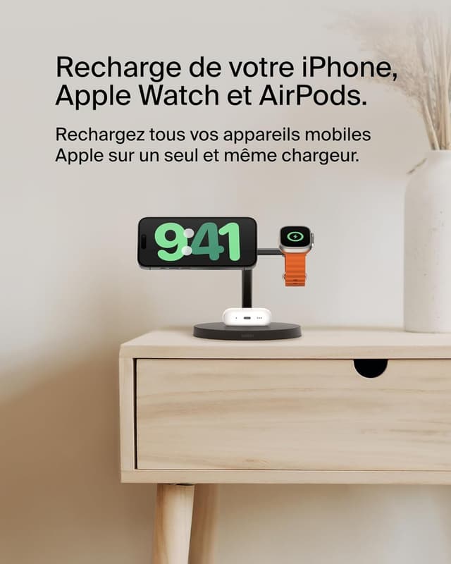Detalle 2 de Belkin BoostCharge Station 3-en-1 Qi2 Noir