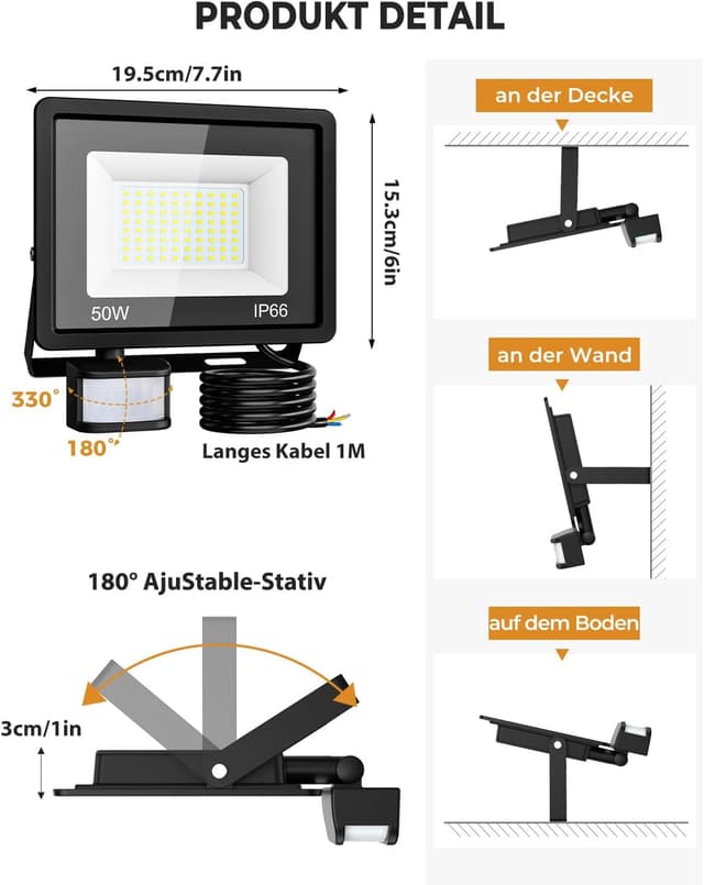 Detalle 2 de vighep 50W LED Strahler mit Bewegungsmelder für außen – 2er-Set, fernbedienbar (IP65), 3 Farbtemperaturen