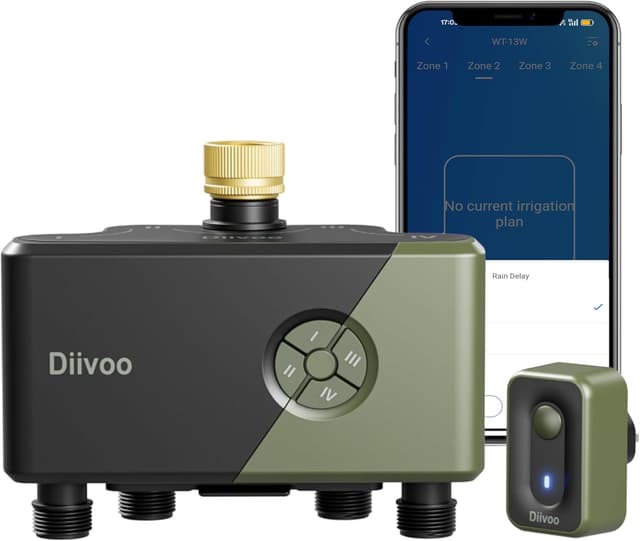 Detalle de Diivoo Programmateur d’arrosage WiFi 4 voies avec entrée laiton et commande vocale (Alexa/Google Assistant)