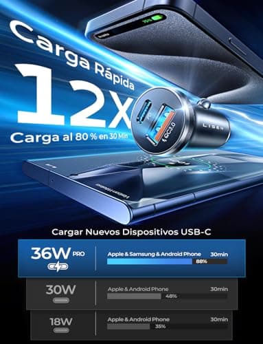 Detalle de LISEN cargador de coche para mechero 12/24V con USB-C 36W (PD 3.0) y USB-A QC 3.0, cuerpo metálico y carga rápida