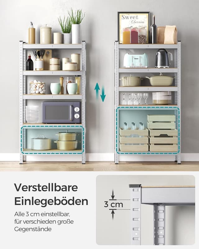Detalle de SONGMICS Schwerlastregal GLR030E02 im 2er-Set (30 x 75 x 150 cm) mit 5 höhenverstellbaren Ablagen, bis 650 kg belastbar