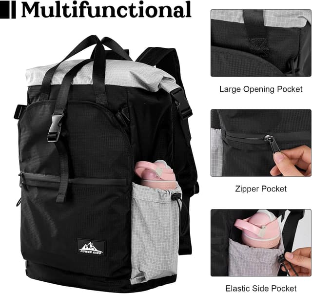 Detalle de POWER KING 35L Expandable to 45L Lightweight Travel Backpack (19 inch laptop) – 3-in-1 roll-top daypack