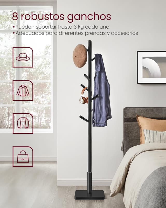 Detalle de VASAGLE Perchero árbol 8 ganchos madera
