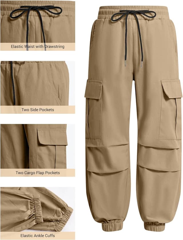 Detalle 2 de JiAmy Girls Cargo Trousers (Elastic Waist Baggy Parachute Style) for 5–14 Years