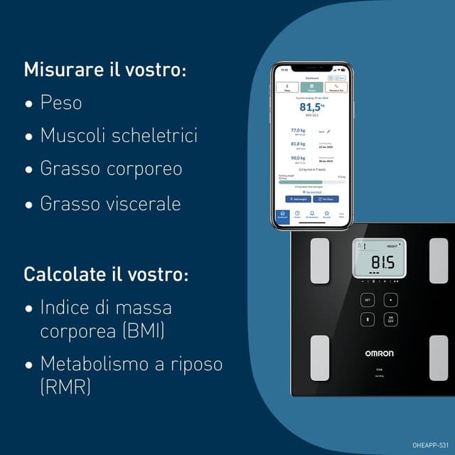 Detalle 2 de OMRON VIVA bilancia pesapersone digitale con analisi di grasso viscerale e sincronizzazione Bluetooth