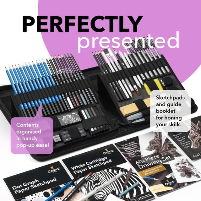 Detalle de Castle Art Supplies set da 60 pezzi per disegno e schizzi con grafite, matite solubili in acqua e fineliner