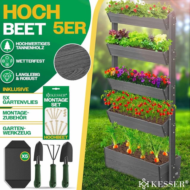 Detalle 2 de KESSER® Hochbeet mit 5 Etagen (Blumenkasten/Pflanztreppe) inkl. Gartenvlies und Schaufelset in Anthrazit