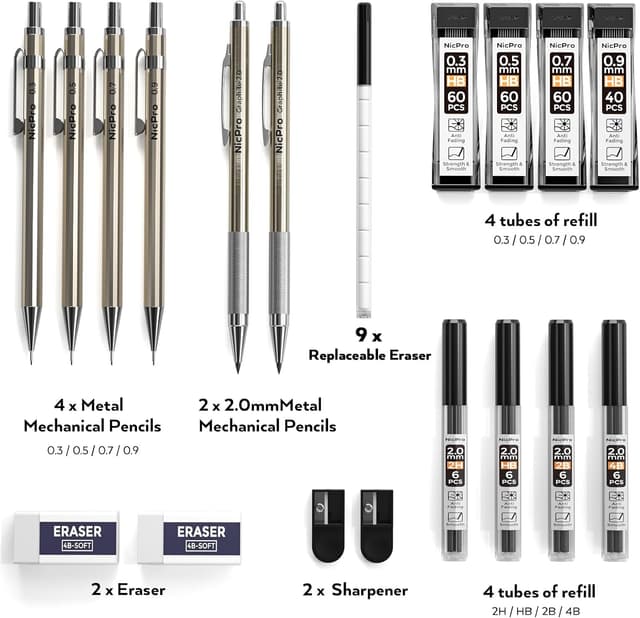 Detalle 2 de Nicpro 6PCS Metal Mechanical Pencils Set with 0.3/0.5/0.7/0.9 mm Leads and 2 mm Lead Holder