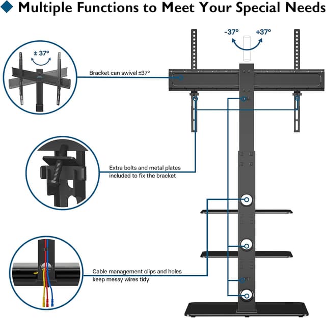 Detalle de BONTEC Soporte Suelo TV 30-70" Ajustable con Estantes de Vidrio