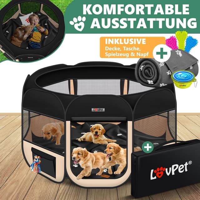 Detalle de LOVPET Welpenlaufstall faltbar (Pop-up) für Kleintiere & Hunde/Katzen inkl. Hundenapf und Fleece-Decke, Schwarz/Beige