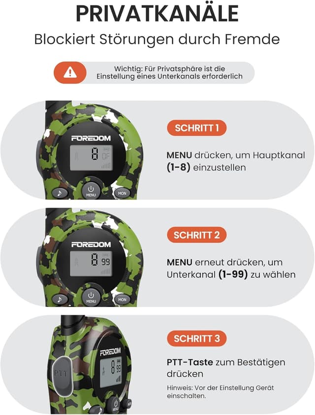 Detalle 2 de FOREDOM Kinder-Walkie-Talkies Funkgeräte-Set (3er Set) für 3–12 Jahre mit 8 Kanälen, bis zu 3 km Reichweite
