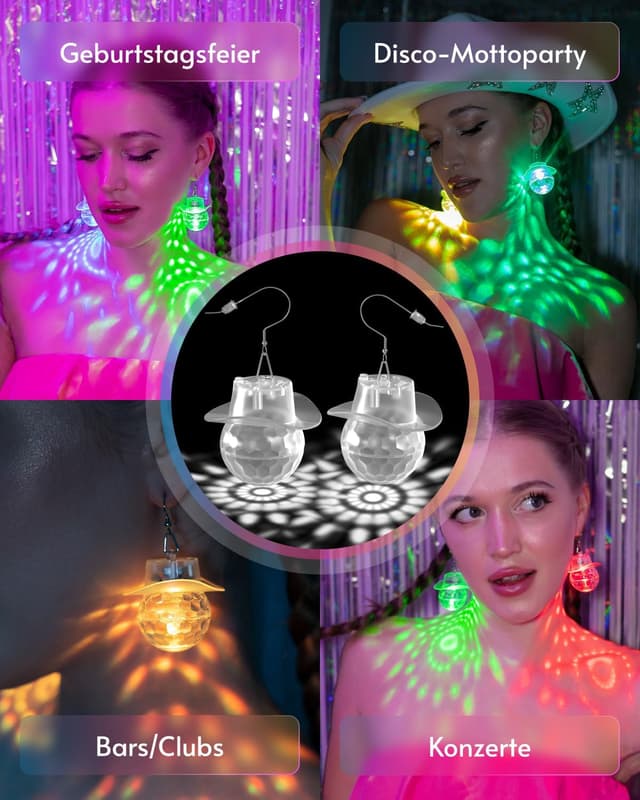 Detalle de LED Ohrringe „Rhombic discokugel“ mit 16 Lichtmodi – wiederaufladbar für Disco, Rave & Party Outfits