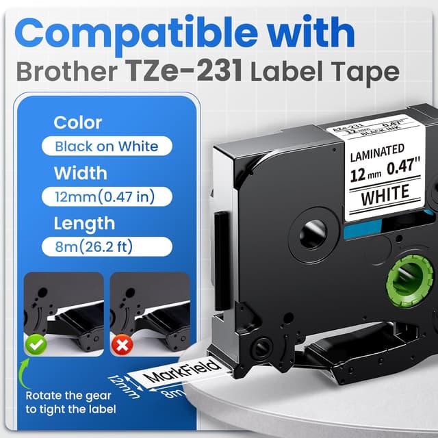 Detalle de MarkField TZe-231 Schriftband kompatibel zu Brother P-Touch, 12 mm, schwarz auf weiß (4er Set)