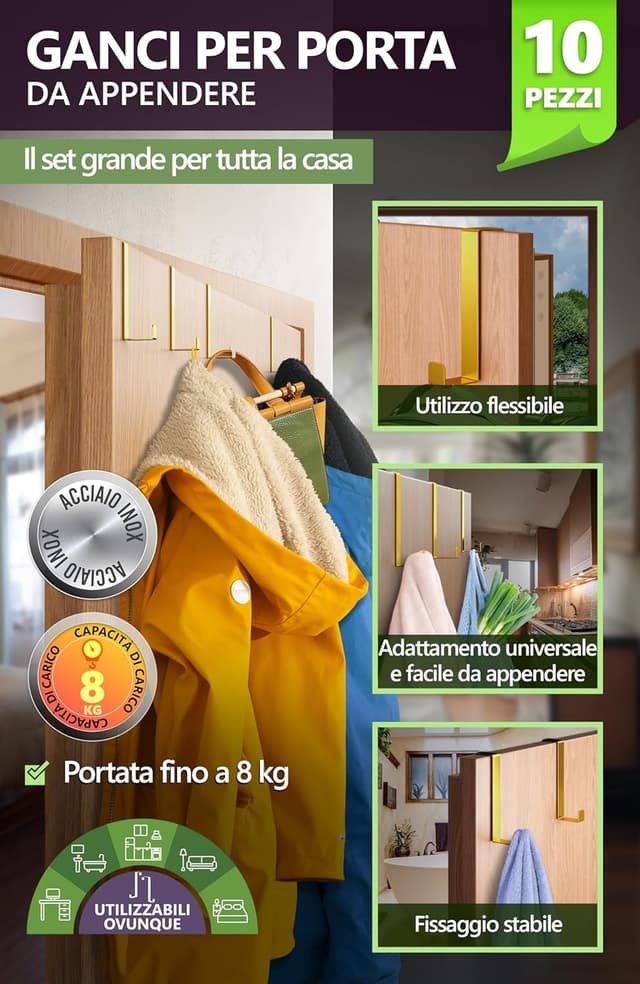 Detalle 2 de 4smile set da 10 ganci per porta in acciaio inox, colore oro