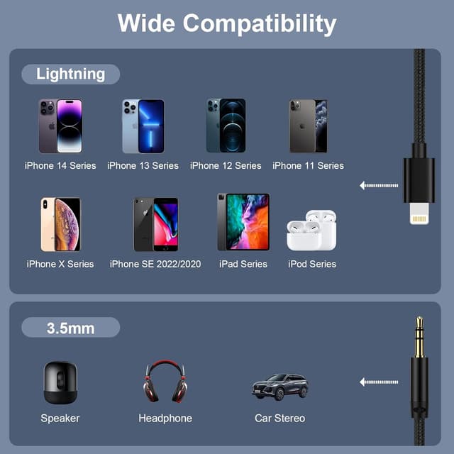 Thumbnail 6 de Auto Aux Kabel Lightning auf 3,5-mm Klinke für iPhone – HiFi Audio 1 m (für iPhone 14/13/12/11, SE, iPod, iPad)